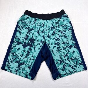 LULULEMON Men's Size M Teal‎ Blue Geometric 11" T.H.E. Linerless Athletic Shorts
